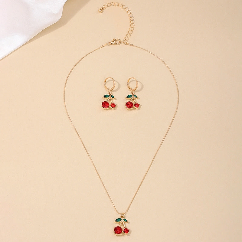 Wholesale 3pcs/set Set Summer Sweet Cute Metal Red Cherry Necklace Earrings