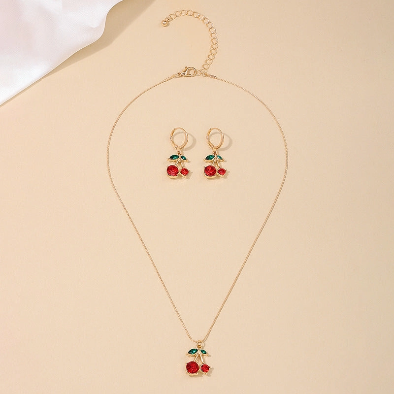 Wholesale 3pcs/set Set Summer Sweet Cute Metal Red Cherry Necklace Earrings