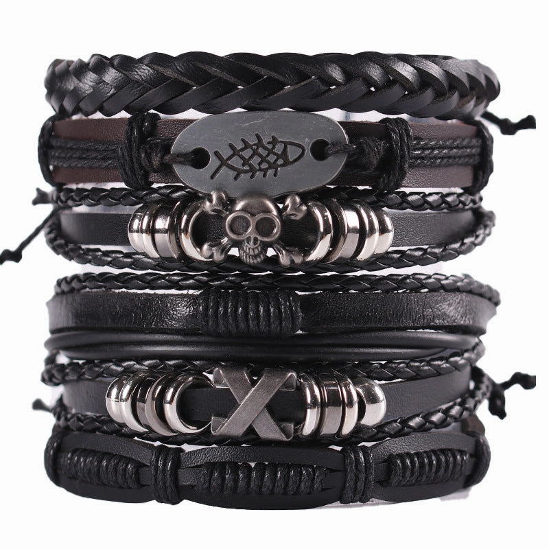 Wholesale 3PCS Vintage Men's Leather Suit Multi-layer Bracelet