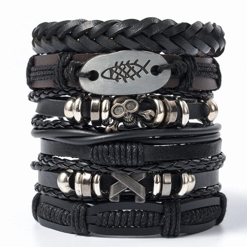 Wholesale 3PCS Vintage Men's Leather Suit Multi-layer Bracelet