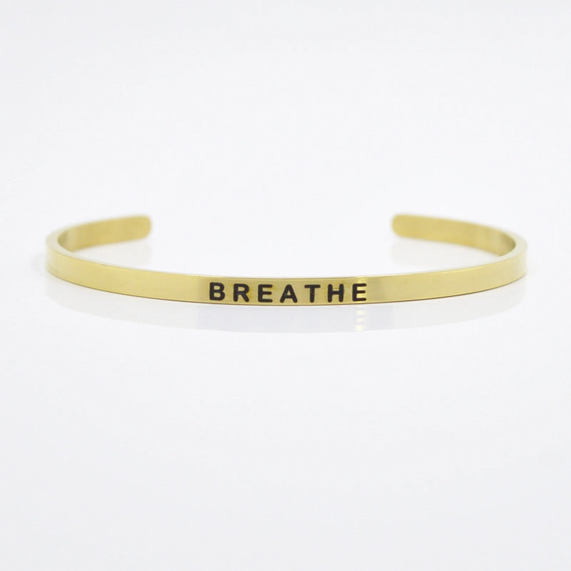 Wholesale 4mm Gold Stainless Steel Lettering Titanium Steel C Shape BREATHE DREAM FEARLESS Bracelet