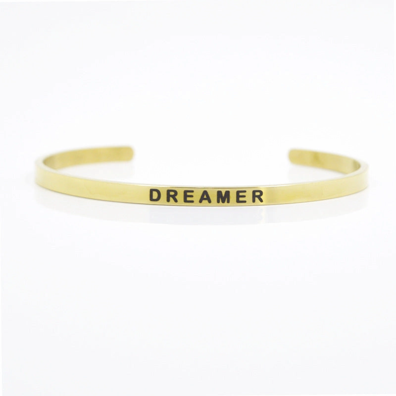 Wholesale 4mm Gold Stainless Steel Lettering Titanium Steel C Shape BREATHE DREAM FEARLESS Bracelet