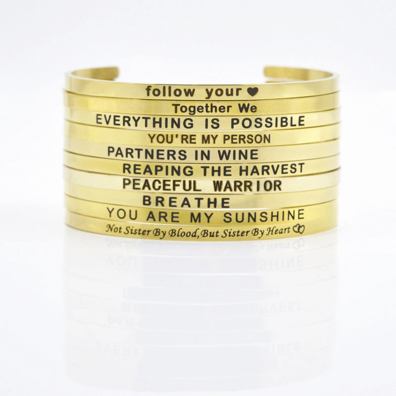 Wholesale 4mm Gold Stainless Steel Lettering Titanium Steel C Shape BREATHE DREAM FEARLESS Bracelet