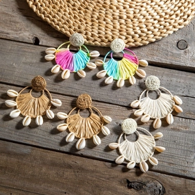 Wholesale 5pcs Bohemian Raffia Round Shell Tassel Earrings