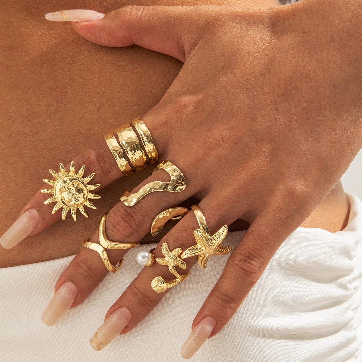 Wholesale 5pcs Bohemian Starfish Sunflower Ring Set