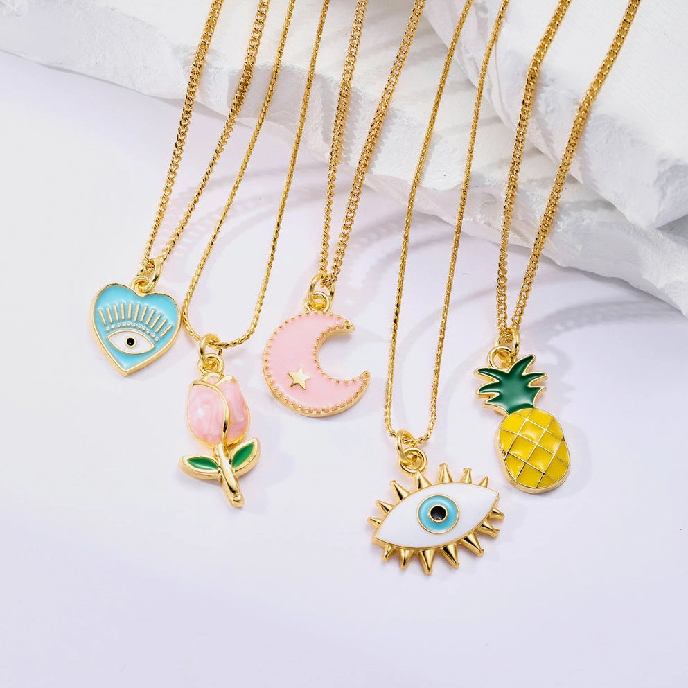 Wholesale 5pcs Evil Eye Oil Drop Heart Tulip Starry Sky Pineapple Pendant Necklace