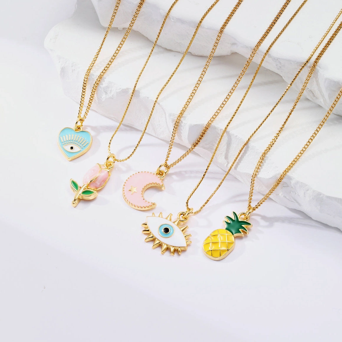 Wholesale 5pcs Evil Eye Oil Drop Heart Tulip Starry Sky Pineapple Pendant Necklace
