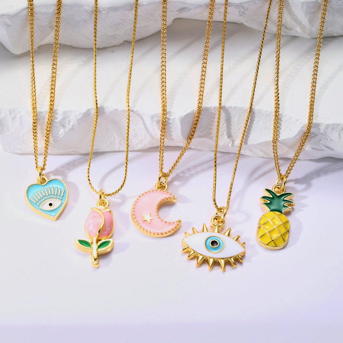 Wholesale 5pcs Evil Eye Oil Drop Heart Tulip Starry Sky Pineapple Pendant Necklace