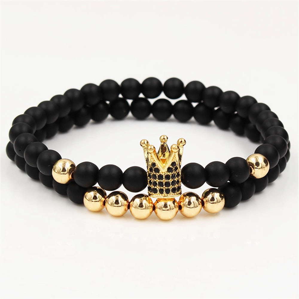 Wholesale 6mm Black Frosted Copper Beads Zircon Crown Bracelet