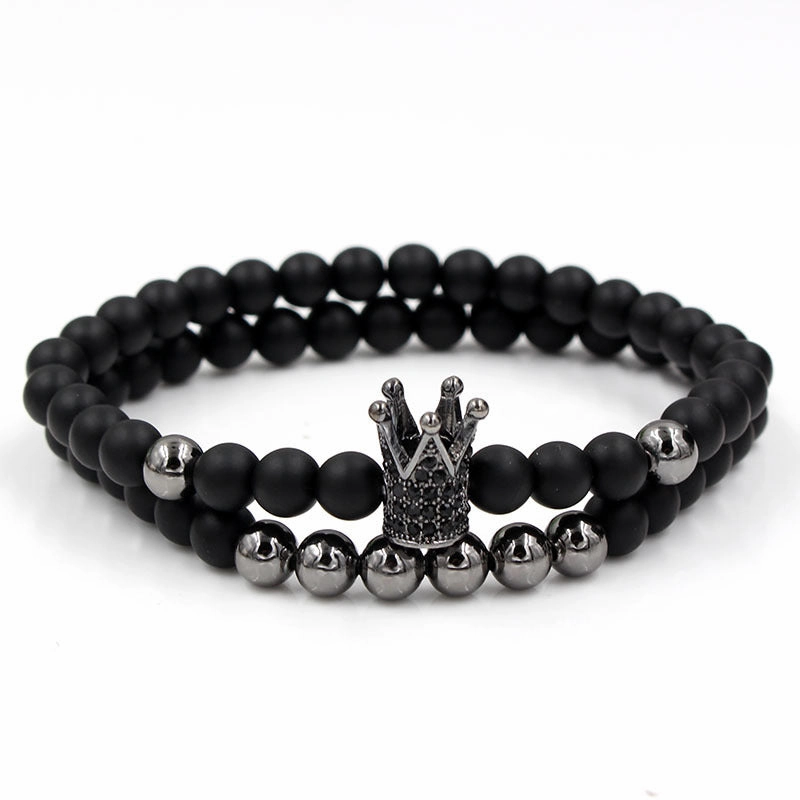 Wholesale 6mm Black Frosted Copper Beads Zircon Crown Bracelet