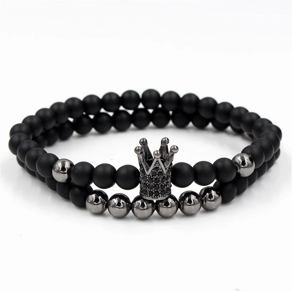 Wholesale 6mm Black Frosted Copper Beads Zircon Crown Bracelet