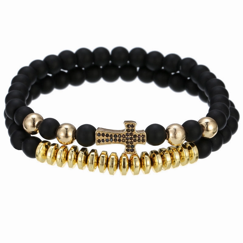 Wholesale 6mm Black Frosted Copper Beads Zircon Crown Bracelet