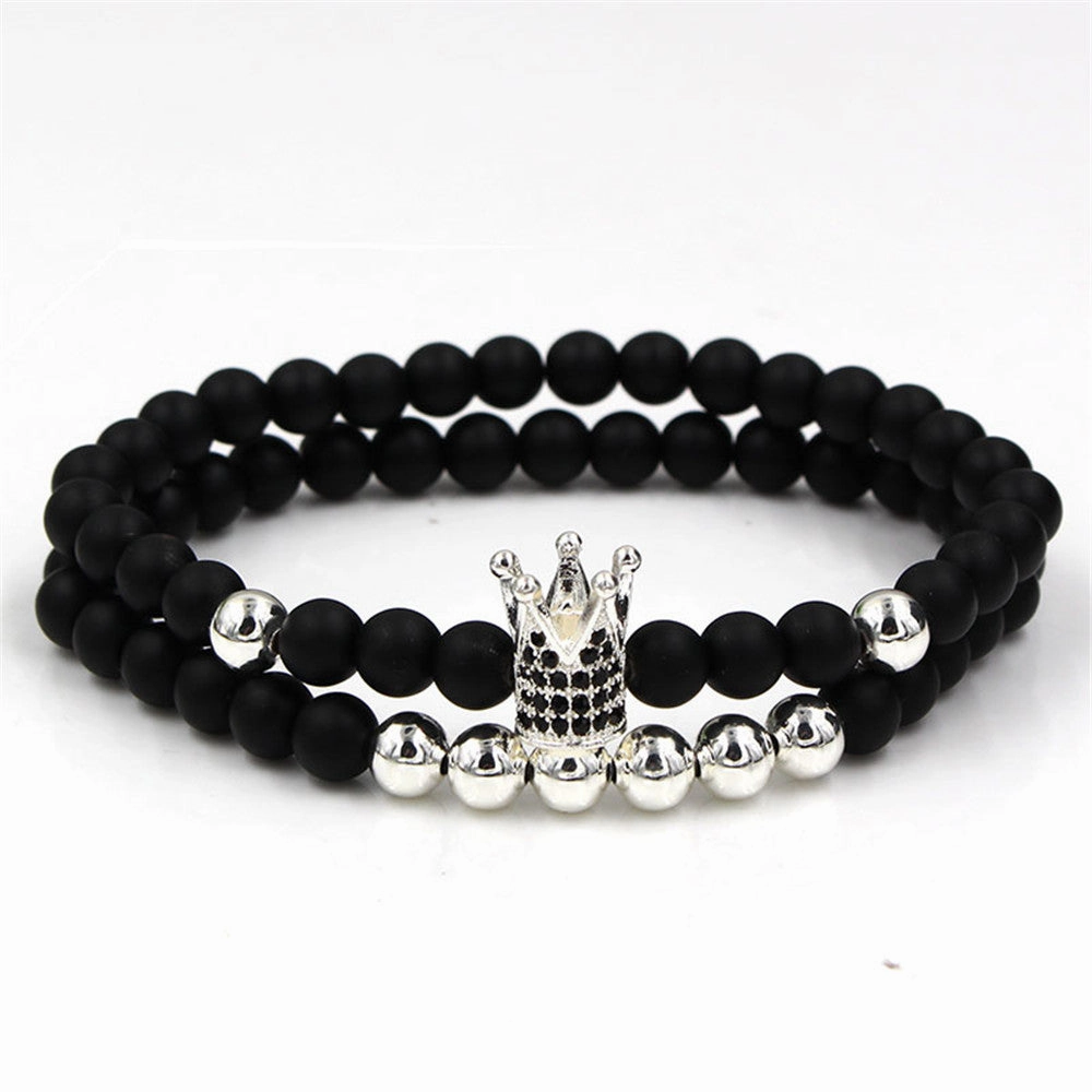 Wholesale 6mm Black Frosted Copper Beads Zircon Crown Bracelet