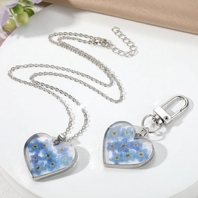 Wholesale 6PCS Blue Love Dry Flower Keychain Necklace