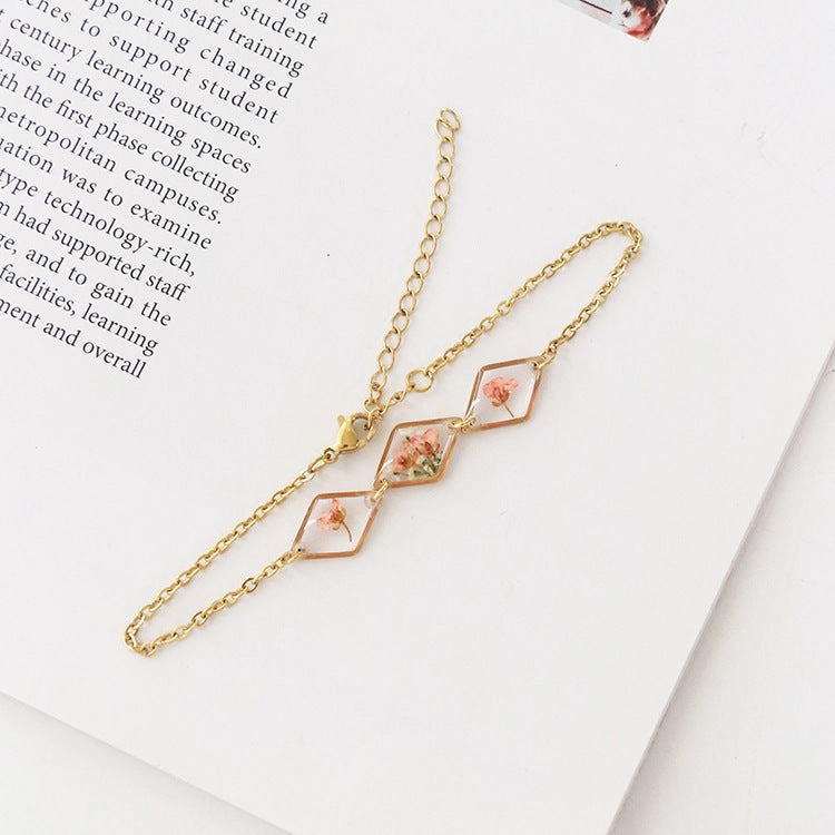 Wholesale 6PCS Gold Plated Dried Flower Transparent Resin Bracelet