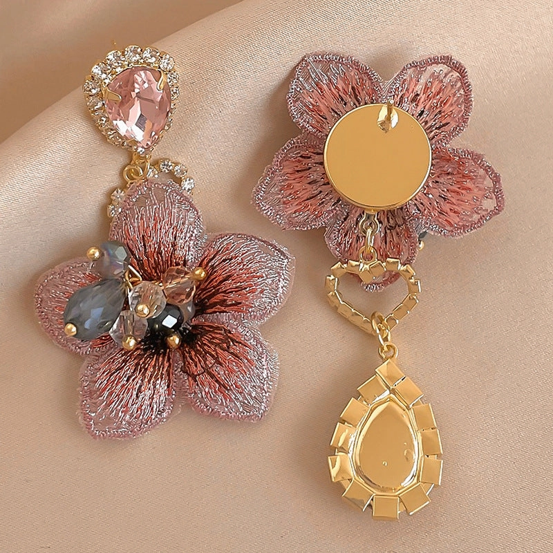 Wholesale 925 silver asymmetrical diamond-studded fabric flower earrings, fashionable and elegant earrings