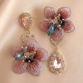 Wholesale 925 silver asymmetrical diamond-studded fabric flower earrings, fashionable and elegant earrings