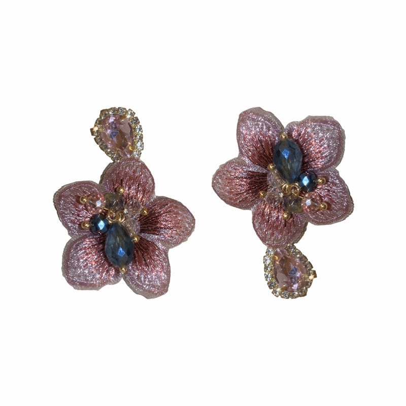 Wholesale 925 silver asymmetrical diamond-studded fabric flower earrings, fashionable and elegant earrings