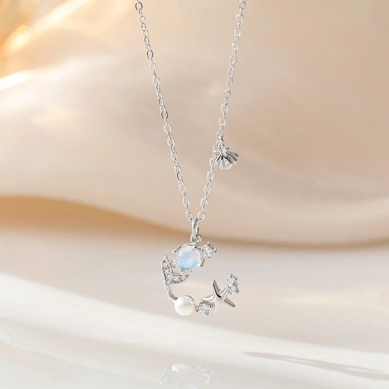 Wholesale 925 Sterling Silver Star Fishtail Moonstone Clavicle Necklace