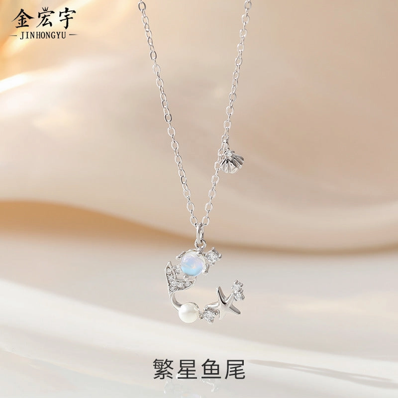Wholesale 925 Sterling Silver Star Fishtail Moonstone Clavicle Necklace