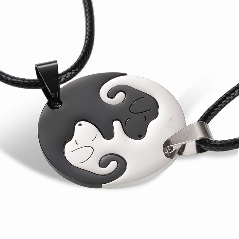 Wholesale A variety of stainless steel black and white cat pendant lovers necklace creative hug shape stitching Valentine's Day