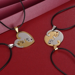 Wholesale A variety of stainless steel black and white cat pendant lovers necklace creative hug shape stitching Valentine's Day