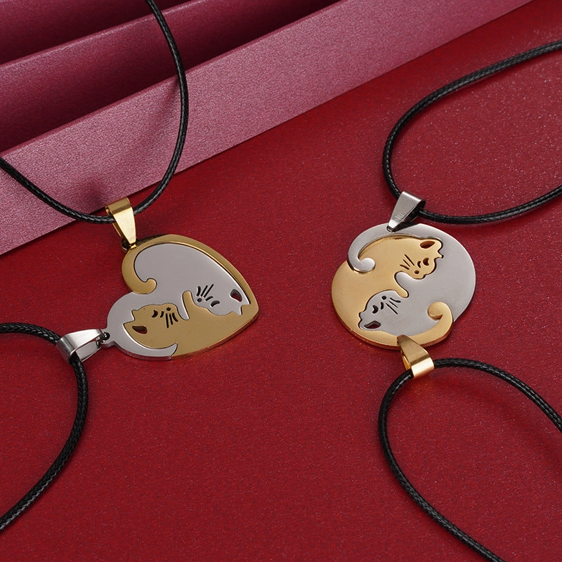 Wholesale A variety of stainless steel black and white cat pendant lovers necklace creative hug shape stitching Valentine's Day