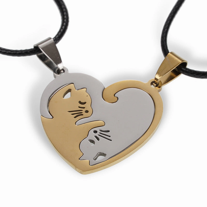 Wholesale A variety of stainless steel black and white cat pendant lovers necklace creative hug shape stitching Valentine's Day