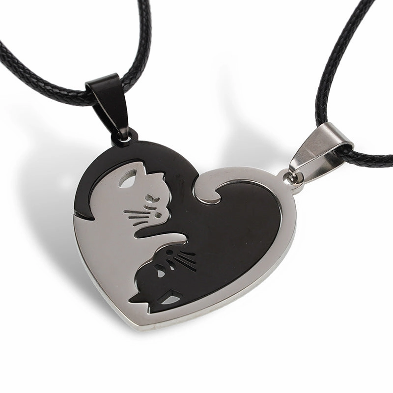 Wholesale A variety of stainless steel black and white cat pendant lovers necklace creative hug shape stitching Valentine's Day
