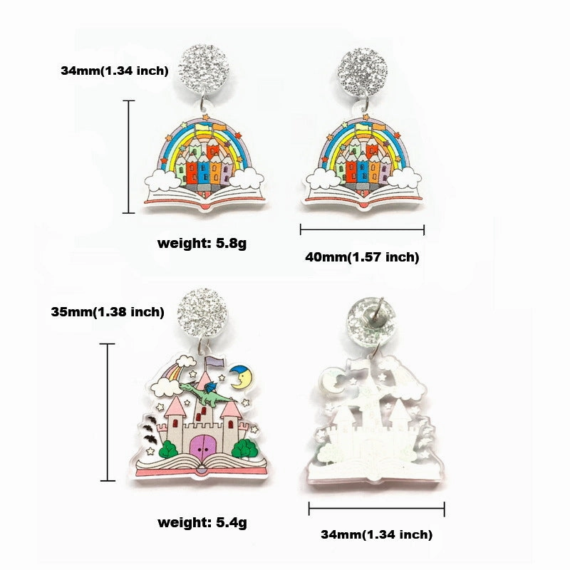Wholesale Acrylic Printed Rainbow Book Color Crayon Castle Earrings