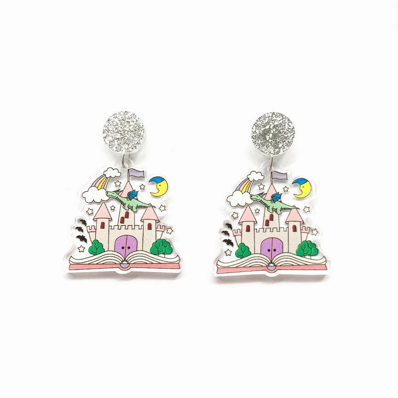 Wholesale Acrylic Printed Rainbow Book Color Crayon Castle Earrings