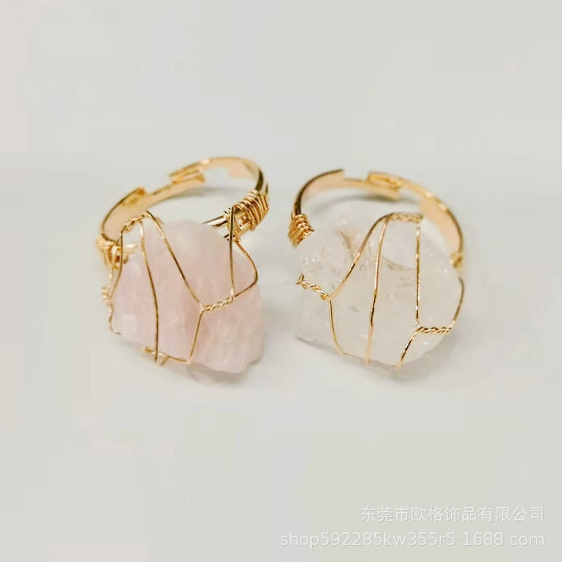 Wholesale Adjustable Irregular Natural Agate Handmade Wire Wound Ring