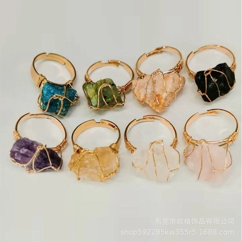 Wholesale Adjustable Irregular Natural Agate Handmade Wire Wound Ring