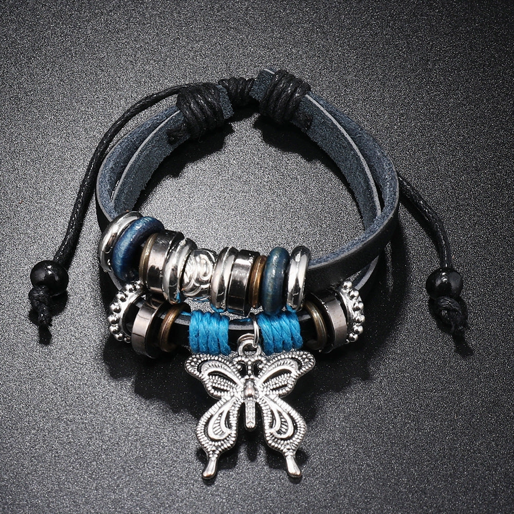 Wholesale Alloy Butterfly Pendant Woven Cowhide Bracelet