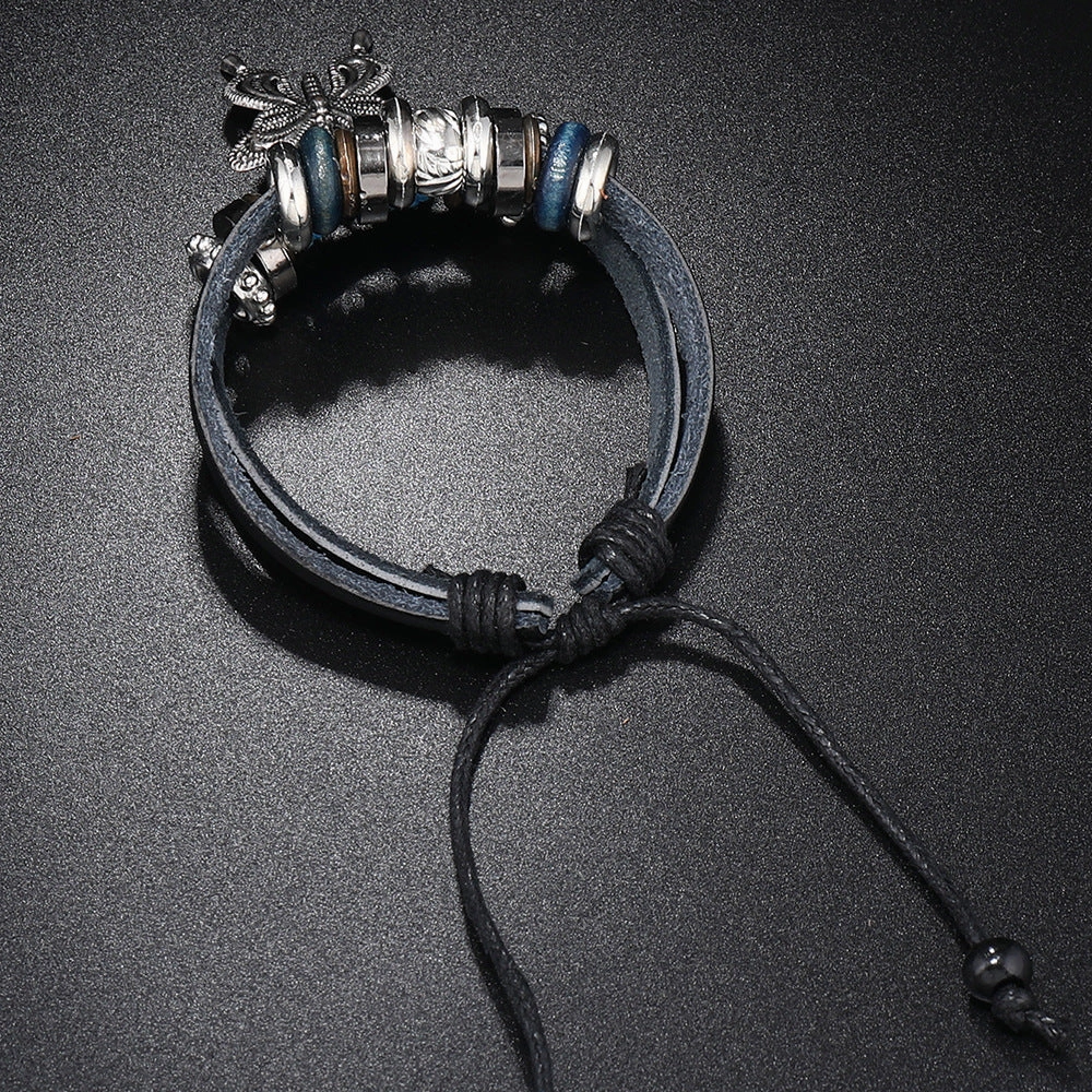 Wholesale Alloy Butterfly Pendant Woven Cowhide Bracelet