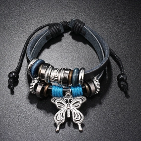 Wholesale Alloy Butterfly Pendant Woven Cowhide Bracelet