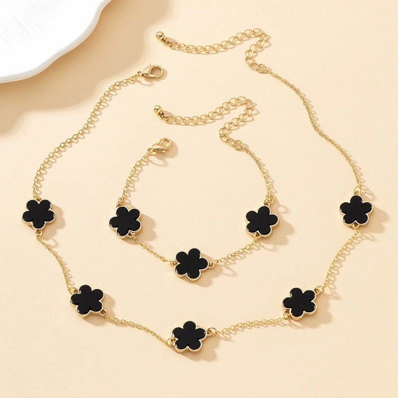 Wholesale Alloy Delicate Black Imitation Mother-of-Pearl Flower Bracelet Necklace