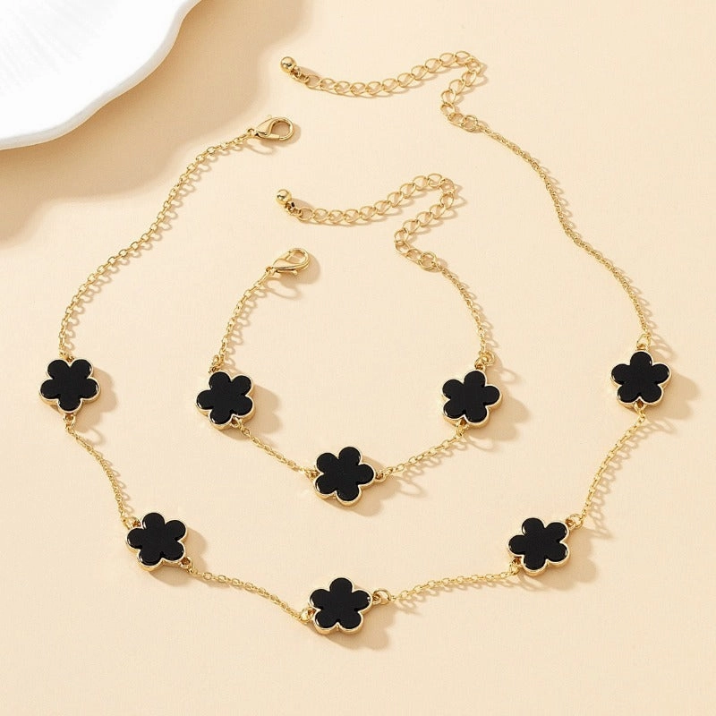 Wholesale Alloy Delicate Black Imitation Mother-of-Pearl Flower Bracelet Necklace