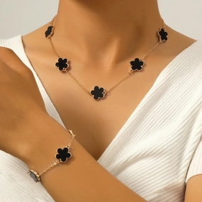 Wholesale Alloy Delicate Black Imitation Mother-of-Pearl Flower Bracelet Necklace