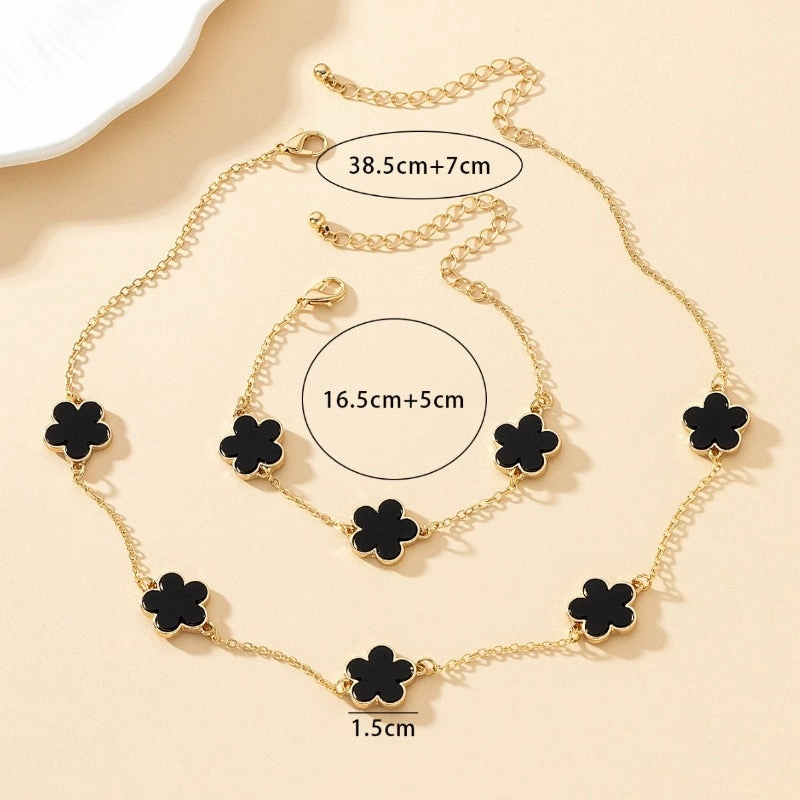Wholesale Alloy Delicate Black Imitation Mother-of-Pearl Flower Bracelet Necklace