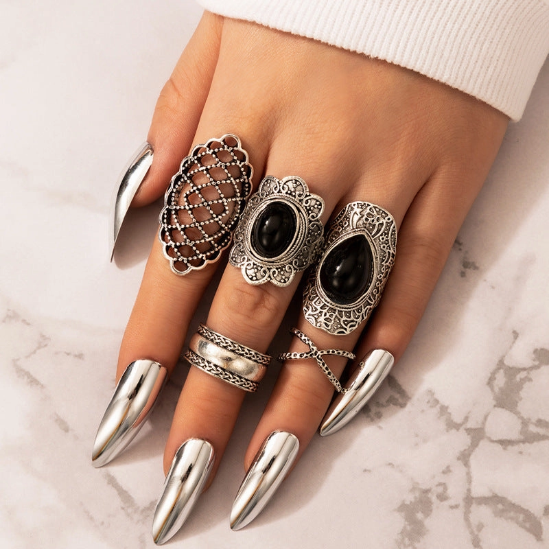 Wholesale Alloy Exaggerated Black Gemstone 5 Pieces Ring Set