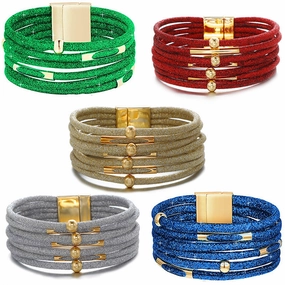 Wholesale Alloy Glitter Magnet Buckle Leather Beaded Leather Rope Copper Tube Bracelet