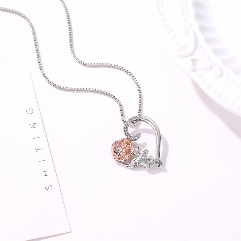 Wholesale Alloy Heart Rose Zircon Necklace
