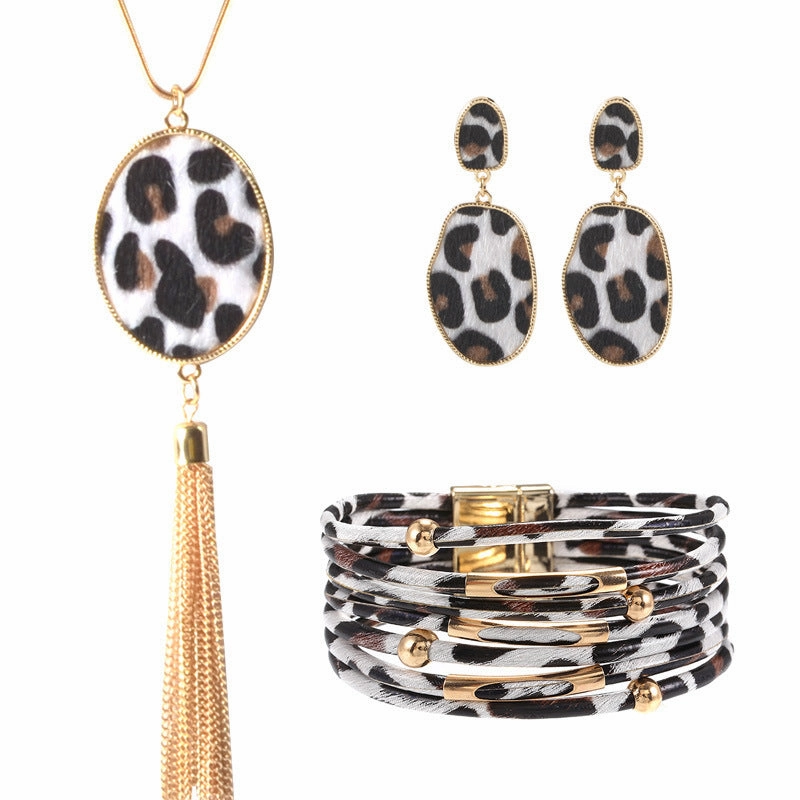 Wholesale Alloy Leather Leopard Bracelet Jewelry Set