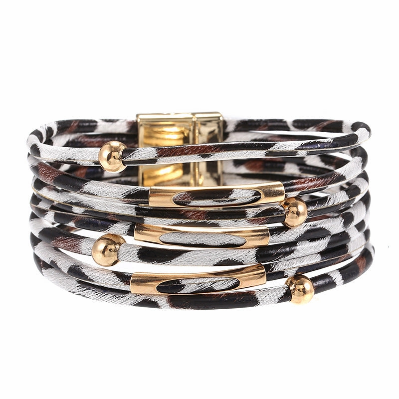 Wholesale Alloy Leopard Magnetic Buckle Leather Beading Brass Tube Bacelet