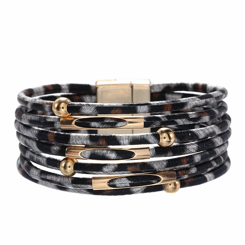 Wholesale Alloy Leopard Magnetic Buckle Leather Copper Tube Bracelet