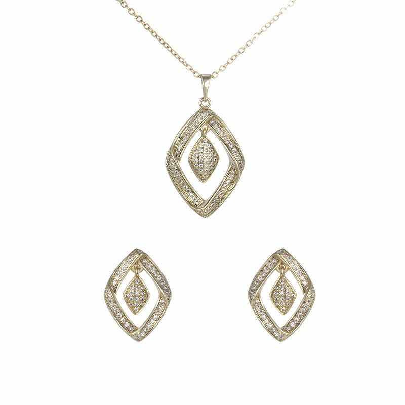 Wholesale Alloy Micro Inlaid Zirconia Diamond Shaped Fashionable High-end Feeling Fashionable Earrings Necklace Two-piece Set