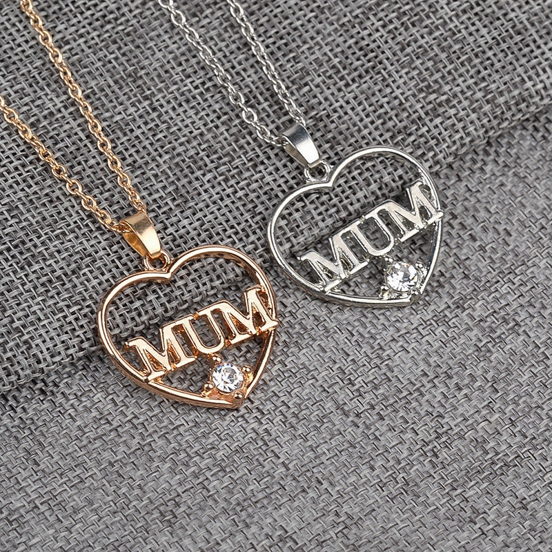 Wholesale Alloy Mother's Day Gift MuM Hollow Diamond Heart Necklace