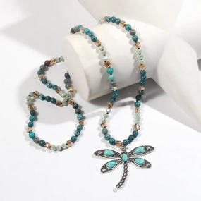 Wholesale Alloy Natural Stone 6mm Glass Antique Silver Dragonfly Pendant Sweater Necklace