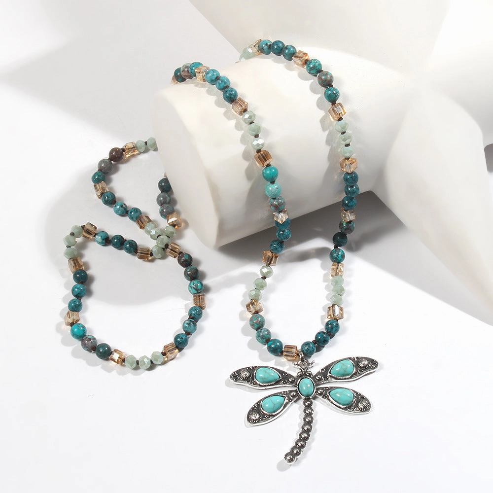 Wholesale Alloy Natural Stone 6mm Glass Antique Silver Dragonfly Pendant Sweater Necklace